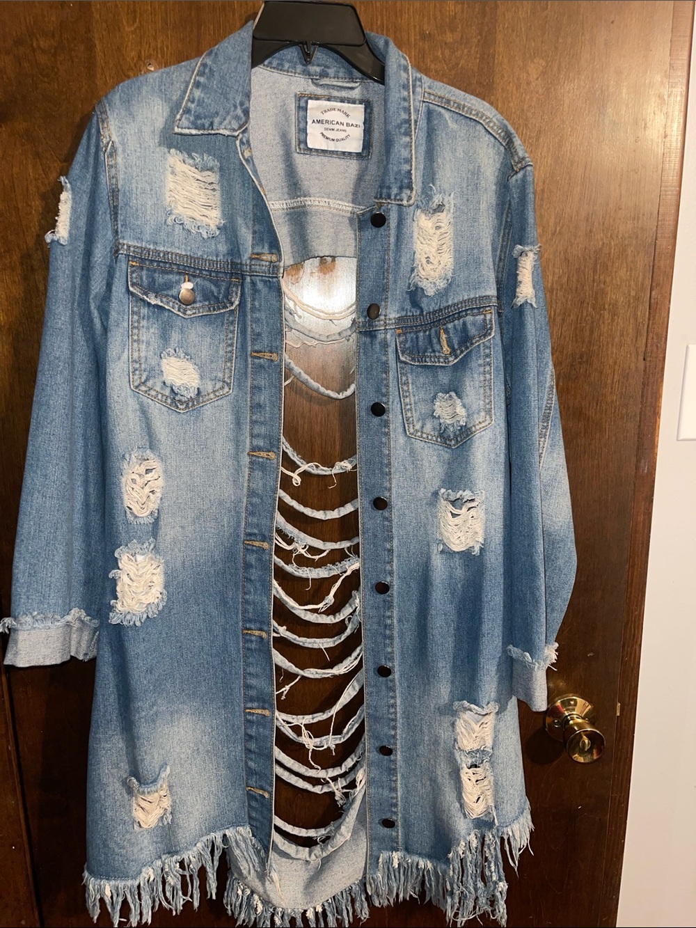 American Rag Light Blue Distressed Long Denim Jacket